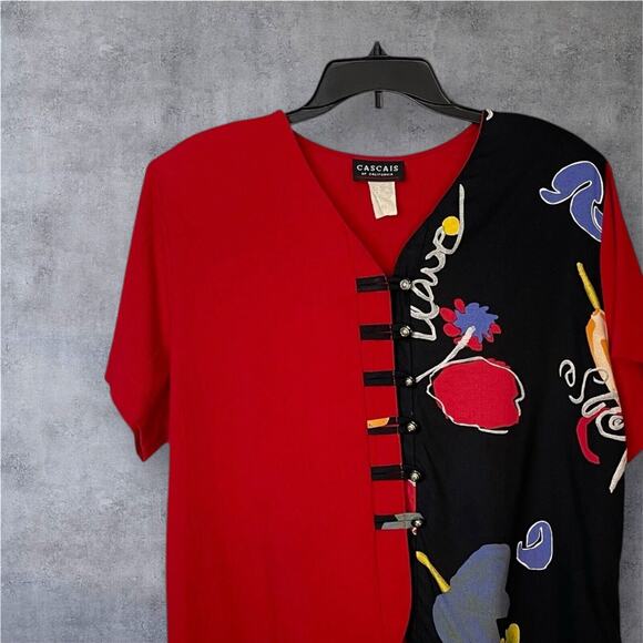 Women’s 90s Cascais of California Red & Black Abstract Floral Blouse – XL - Picture 2 of 9